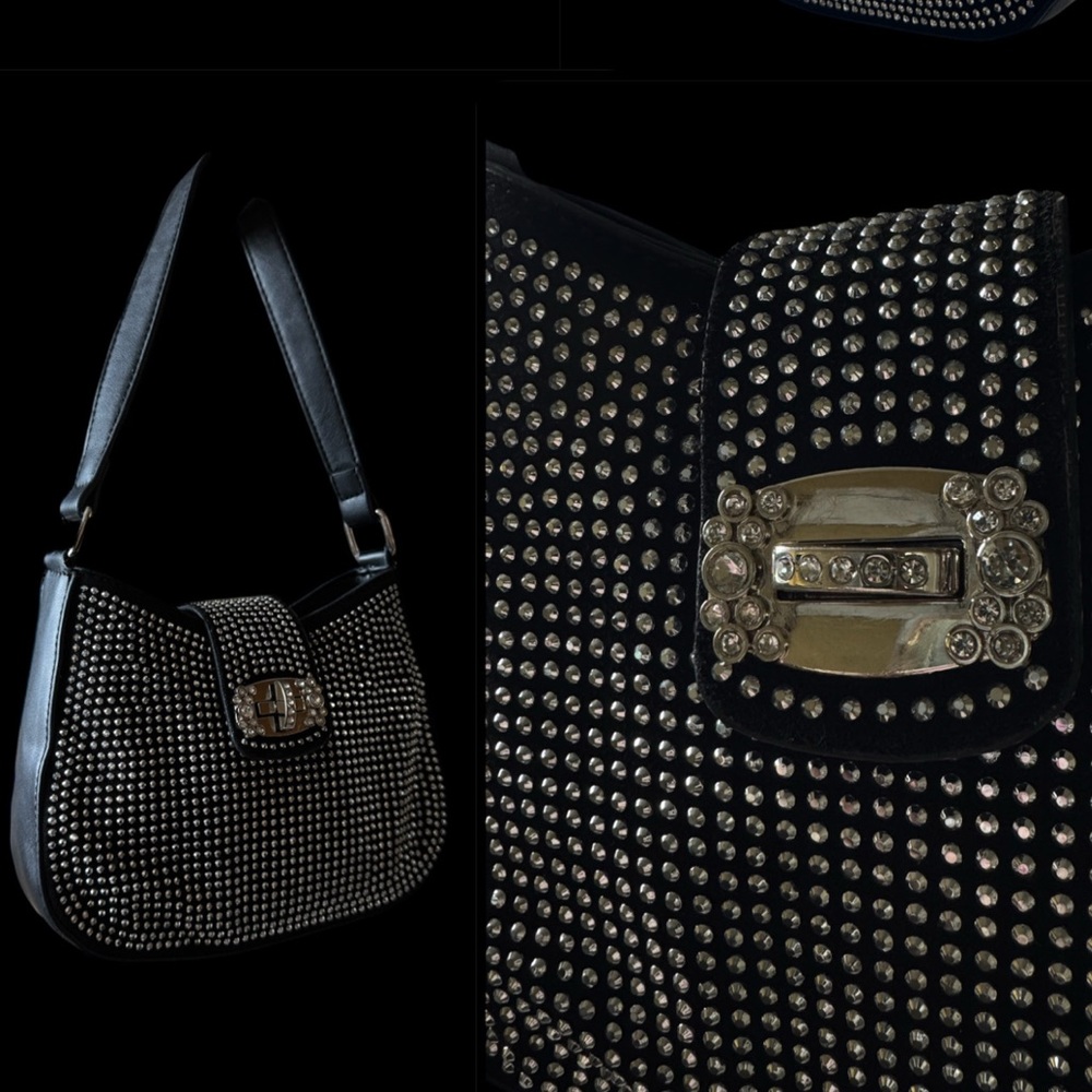 Black and Silver Rhinestone Studded Shoulder Bag with Clasp